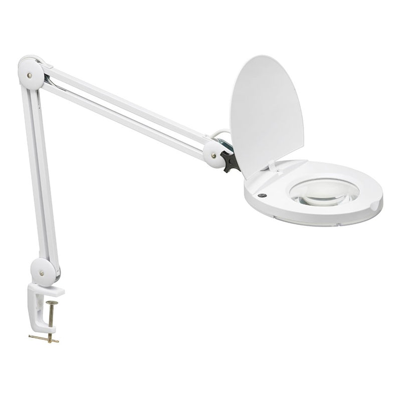 Dainolite 9in 1-Light LED Magnifier Lamp | Modern White Metal and Clear Glass | Desk & Workstation Task Light | 760 Lumens | Model DMLED10-A-5D-WH