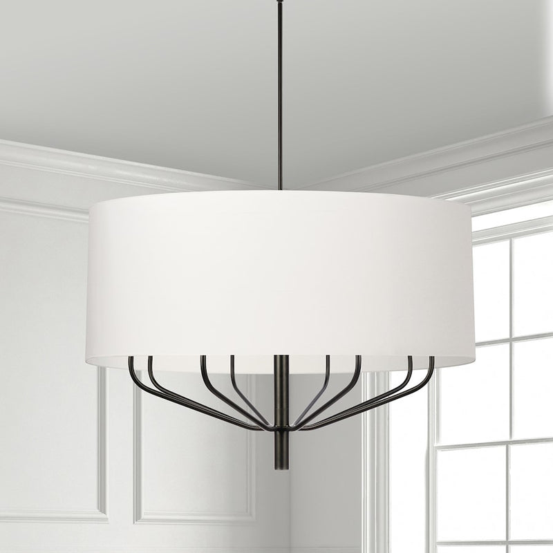 Dainolite Eleanor 38in 8-Light Chandelier | Modern Matte Black and White Fabric Drum | Dining Room & Living Room | Model ELN-388C-MB-790