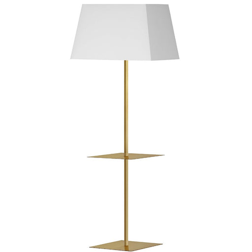 Dainolite Gretchen 26in Square Floor Lamp with Shelf | Transitional Aged Brass and White Fabric Shade | Office & Bedroom | Model GTC-S641F-AGB-WH
