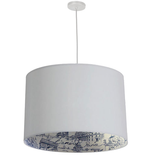 Dainolite Kate 24in 3-Light Drum Pendant | Modern White Fabric and Blue Accent | Dining Room & Foyer | 24 x 24 x 15 in | Model KAT-241P-WH-AMOUR