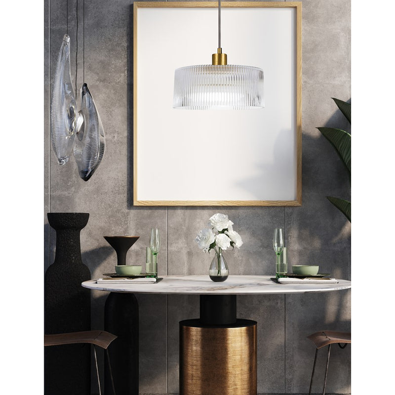 Dainolite Nadine 12in 1-Light Pendant | Transitional Aged Brass and Clear Glass | Dining Room & Powder Room | Model NAD-123P-AGB-FL