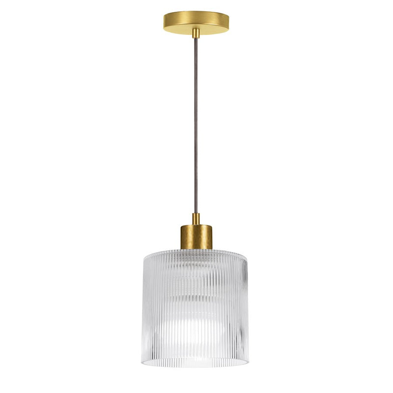 Dainolite Nadine 7in 1-Light Pendant | Transitional Aged Brass and Clear Glass Drum | Dining Room & Powder Room | Model NAD-71P-AGB-FL