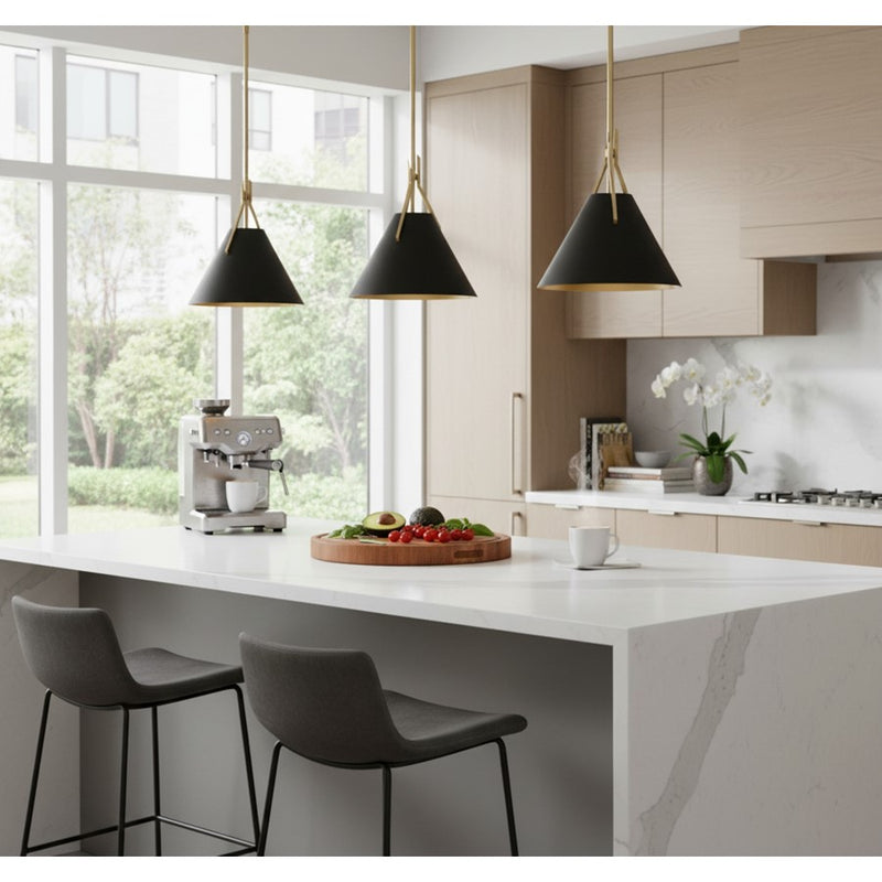 Dainolite Nicole 12in 1-Light Pendant | Contemporary Aged Brass and Black Metal, Opal Glass | Kitchen & Dinette/Bar | Model NIC-101P-AGB-BK