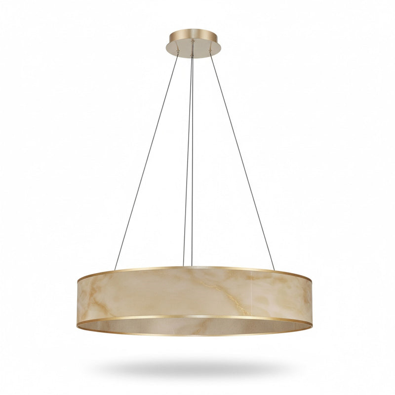 Dainolite Nena 26in 1-Light LED Drum Pendant | Transitional Aged Brass Metal and Faux Alabaster Styrene | Kitchen Island & | Model NNA-2634LEDP-AGB-ALB