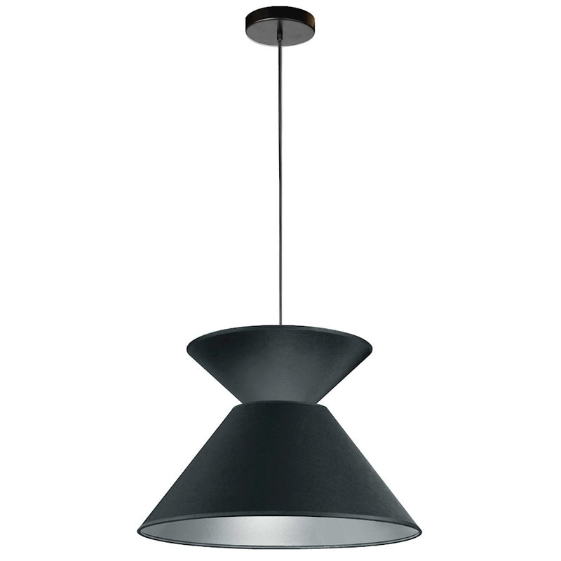 Dainolite Patricia 18in 1-Light Pendant | Transitional Black Metal and Silver Fabric Drum Shade | Kitchen Island & Dining Room | Model PAT-181P-BK-697