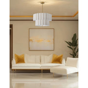 Dainolite Pacifica 22in 4-Light Tiered Pendant | Aged Brass and Flax Fabric | Dining Room & Living Room | 22 x 22 x 12.5 in | Model PCA-224P-AGB-FX