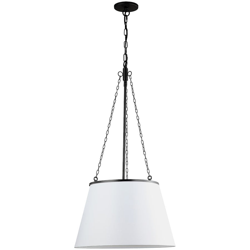 Dainolite Plymouth 18in 1-Light Pendant | Contemporary Matte Black and White Fabric Tapered Drum Shade | Kitchen Island | Model PLY-181P-MB-WH