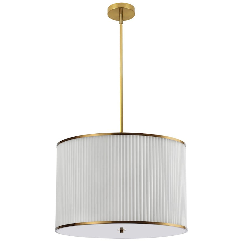 Dainolite Prudy 24in 4-Light Pendant | Transitional Aged Brass and White Fabric Drum | Kitchen & Dining Room | 24 x 24 x 16 in | Model PRD-243P-AGB