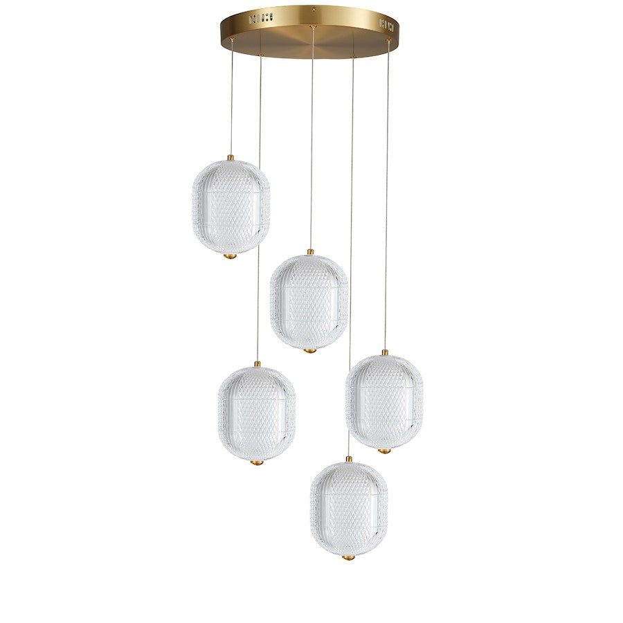 Dainolite Peri 5 Light Multi Pendant, Aged Brass/Clear - PRI-1530LEDP-AGB