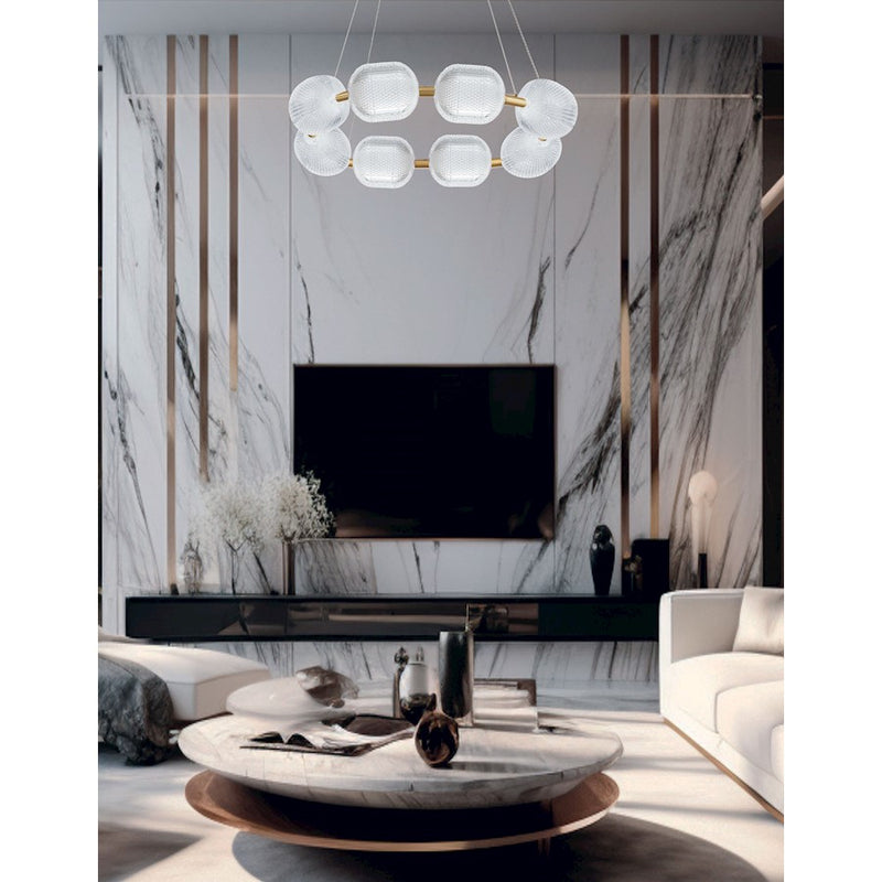 Dainolite Peri 32in 8-Light LED Chandelier | Contemporary Aged Brass and Clear Acrylic | Dining Room & Foyer | 32 x 32 x 6 in | Model PRI-3256LEDP-AGB
