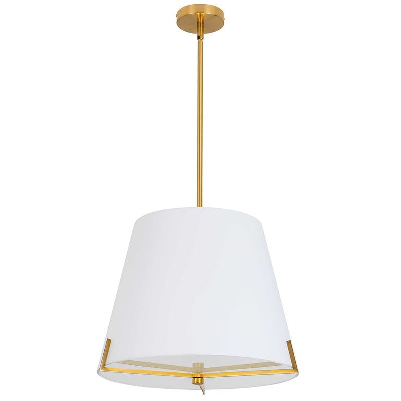 Dainolite Preston 19in 4-Light Pendant | Contemporary Aged Brass and White Fabric Tapered Drum | Kitchen Island & Dining Room | Model PST-184P-AGB-WH