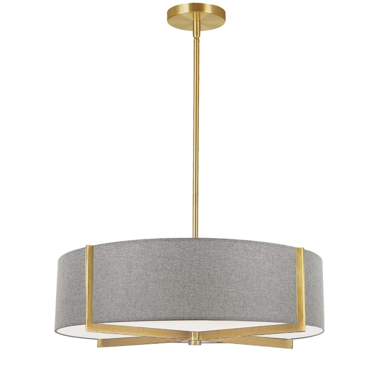 Dainolite Preston 21in 4-Light Pendant | Aged Brass and Grey Fabric Drum | Kitchen Island & Dining Room | 21 x 21 x 5 in | Model PST-214P-AGB-GRY
