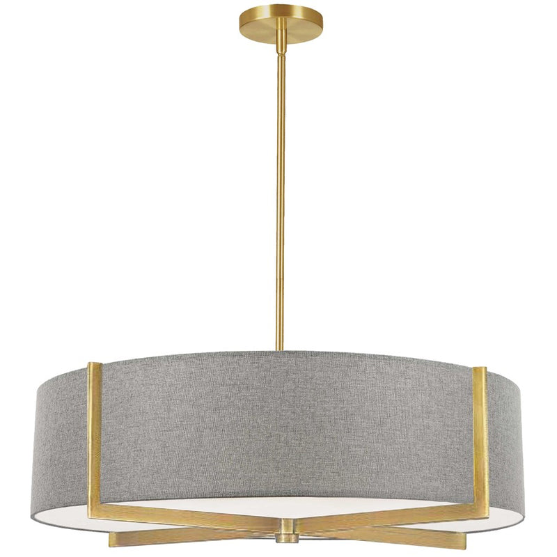 Dainolite Preston 26in 4-Light Pendant | Contemporary Aged Brass and Grey Fabric Drum | Kitchen Island & Dining Room | Model PST-264LP-AGB-GRY