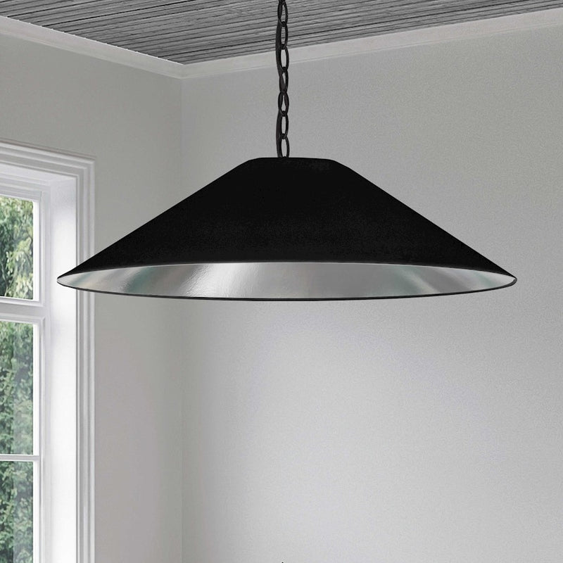 Dainolite Presley 32in 1-Light Large Pendant | Transitional Black & Silver Fabric and HardBack Shade | Kitchen Island & Dining Room | Model PSY-L-MB-697