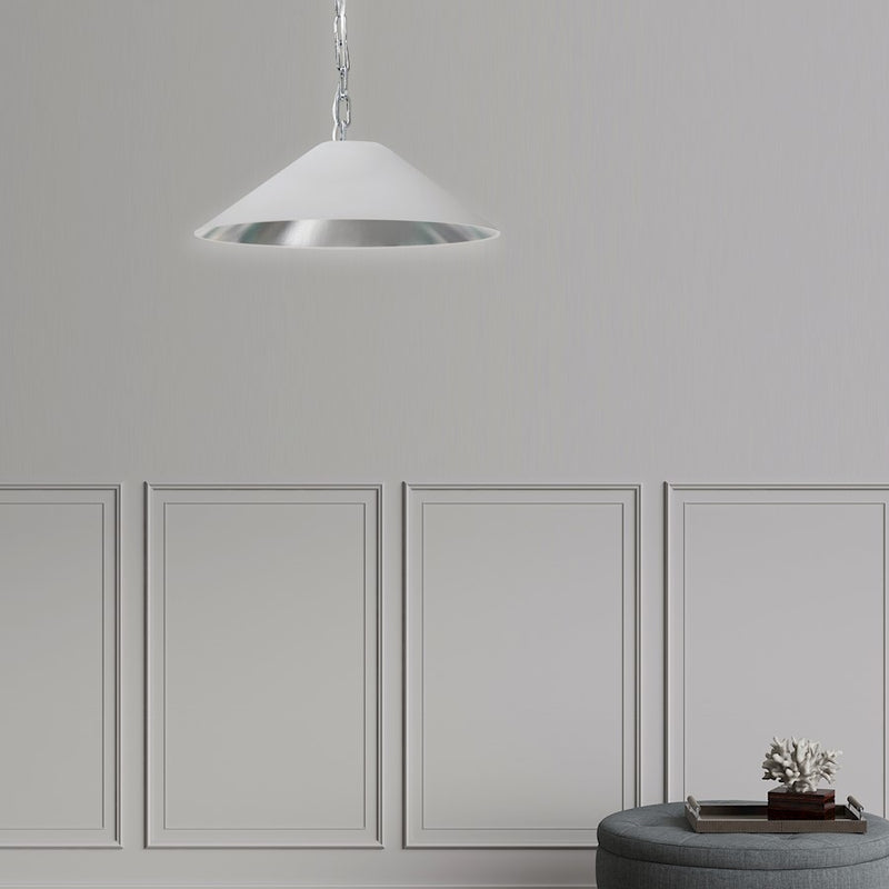 Dainolite Presley 20in 1-Light Small Pendant | Transitional Polished Chrome and White & Silver Fabric HardBack Shade | Kitchen Island | Model PSY-S-PC-691