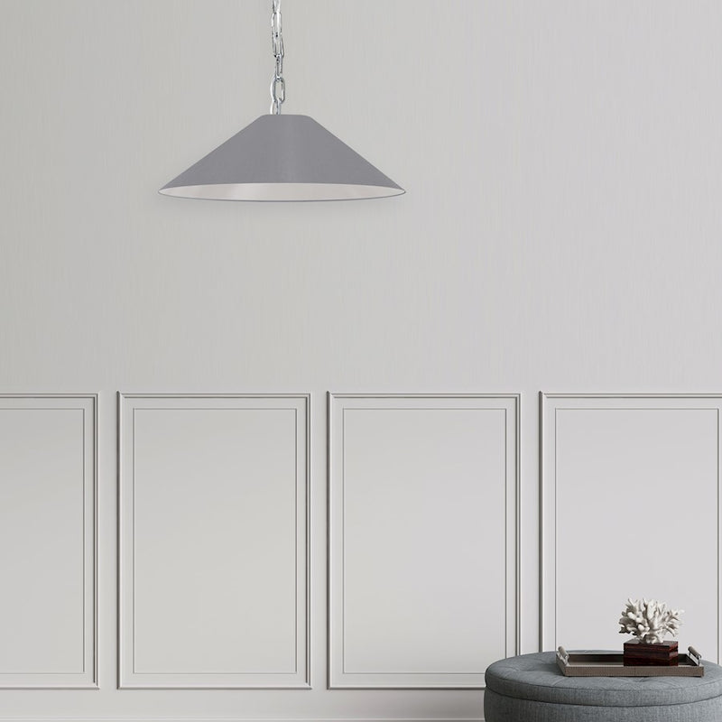 Dainolite Presley 20in 1-Light Pendant | Transitional Polished Chrome and Grey Fabric Shade | Kitchen Island & Dining Room | 20 x 20 | Model PSY-S-PC-835