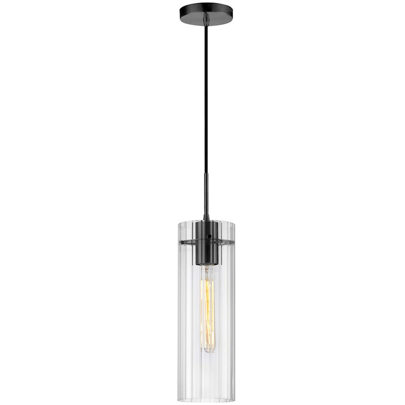 Dainolite Patia 5in 1-Light Pendant | Modern Matte Black and Clear Fluted Glass | Kitchen Island & Dinette | 5 x 5 x 15 in | Model PTA-51P-CFF-MB