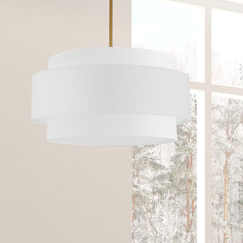 Dainolite Priya 30in 4-Light Pendant | Contemporary Aged Brass and White Fabric Shade | Dining Room & Living Room | Model PYA-304C-AGB-WH