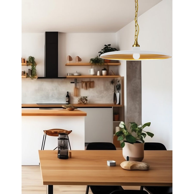 Dainolite Quentin 24in 1-Light Pendant | Industrial Aged Brass and Matte White/Gold Metal | Kitchen Island | 24 x 24 x 7 in | Model QTN-241P-MW-AGB
