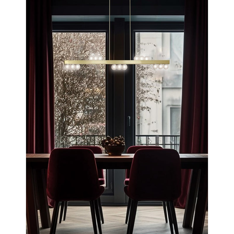 Dainolite Raleigh 72in 15-Light Linear Pendant | Modern Aged Brass and White Glass | Kitchen Island & Dining Room | Model RAL-7215HP-AGB