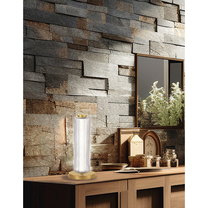 Dainolite Ramona 15in 1-Light Table Lamp | Contemporary Aged Brass and Clear Glass | Bedroom & Office Desk | 490 Lumens | Model RMA-1510LEDT-AGB