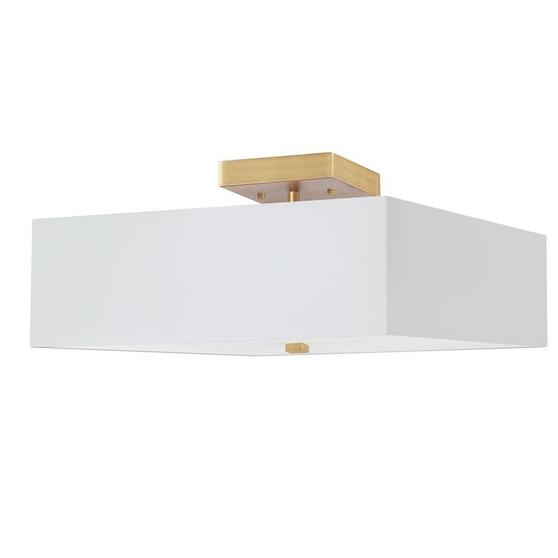 Dainolite Seren 14in 3-Light Semi-Flush Mount | Transitional Aged Brass and White HardBack Fabric Shade | Damp Rated Bedroom | Model SRN-143SF-AGB-WH