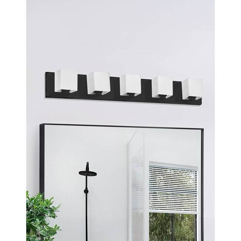 Dainolite Verona 30in 5-Light Vanity Light | Matte Black and White Glass | Bathroom Vanity | 4 x 29.5 x 4.5 in | Model V1230-5W-MB
