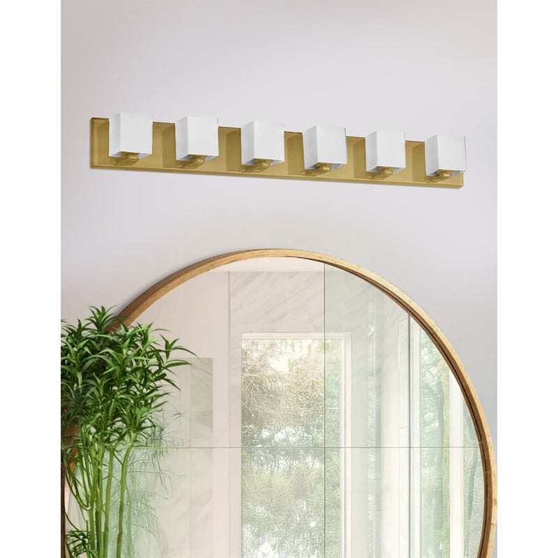 Dainolite Verona 36in 6-Light Vanity | Modern Aged Brass and White Glass | Bathroom Vanity | 4 x 36 x 4 in | Model V1230-6W-AGB