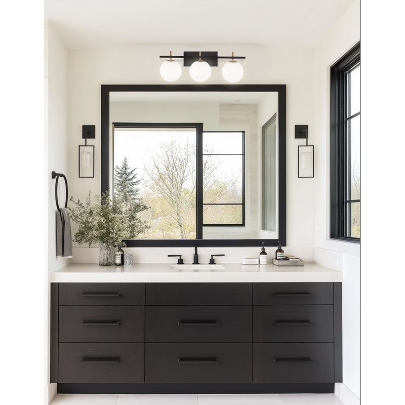 Dainolite Vivaldi 24in 3-Light Vanity Light | Transitional Matte Black and Aged Brass with White Glass | Bathroom & Powder | Model VAD-233W-MB-AGB