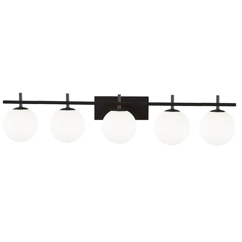 Dainolite Vivaldi 41in 5-Light Vanity Light | Transitional Matte Black with White Glass | Bathroom & Powder Room | W 41 x H 5 x D | Model VAD-415W-MB