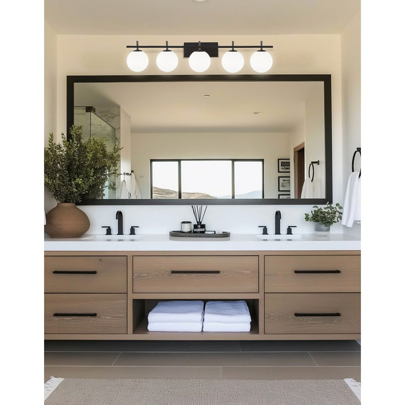 Dainolite Vivaldi 41in 5-Light Vanity Light | Transitional Matte Black with White Glass | Bathroom & Powder Room | W 41 x H 5 x D | Model VAD-415W-MB