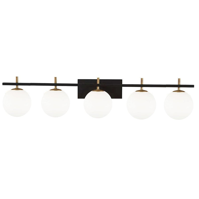 Dainolite Vivaldi 41in 5-Light Vanity | Transitional Matte Black and Aged Brass with White Glass | Bathroom & Powder Room | Model VAD-415W-MB-AGB