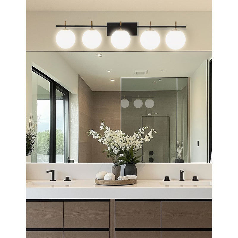 Dainolite Vivaldi 41in 5-Light Vanity | Transitional Matte Black and Aged Brass with White Glass | Bathroom & Powder Room | Model VAD-415W-MB-AGB