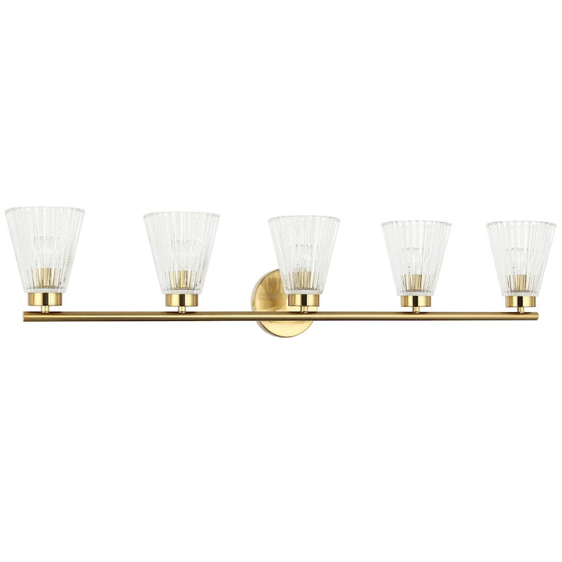 Dainolite Vienna 37in 5-Light Vanity | Transitional Aged Brass and Clear Ribbed Glass | Bathroom Vanity | 6 x 37 x 8 in | Model VIE-385W-AGB