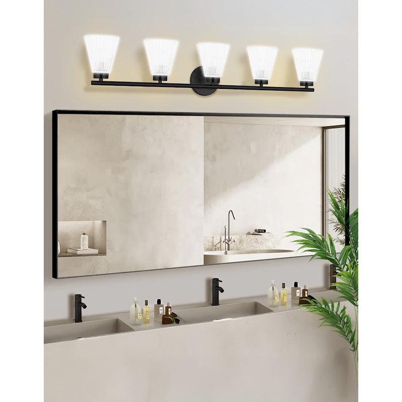 Dainolite Vienna 37in 5-Light Vanity | Transitional Matte Black and Clear Ribbed Glass | Bathroom Vanity | 6 x 37 x 8 in | Model VIE-385W-MB