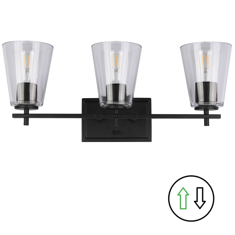 Dainolite Wenda 23in 3-Light Vanity Light | Transitional Matte Black and Clear Glass | Bathroom & Powder Room | 23 x 7 x 9.75 in | Model WND-233W-MB