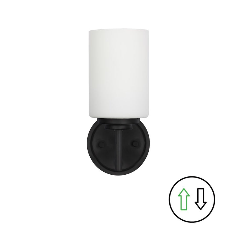 Dainolite Wynona 11in 1-Light Wall Sconce | Contemporary Matte Black and Opal White Glass | Bathroom & Powder Room Vanity | Model WYN-51W-MB