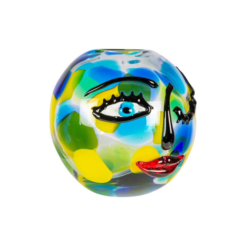 Dale Tiffany Winking Muse 9.5in Hand Blown Art Glass Vase | Whimsical Face Design in Multi-Color | Living Room & Shelf Accent | 9.5 x 9.5in | Model AV26032