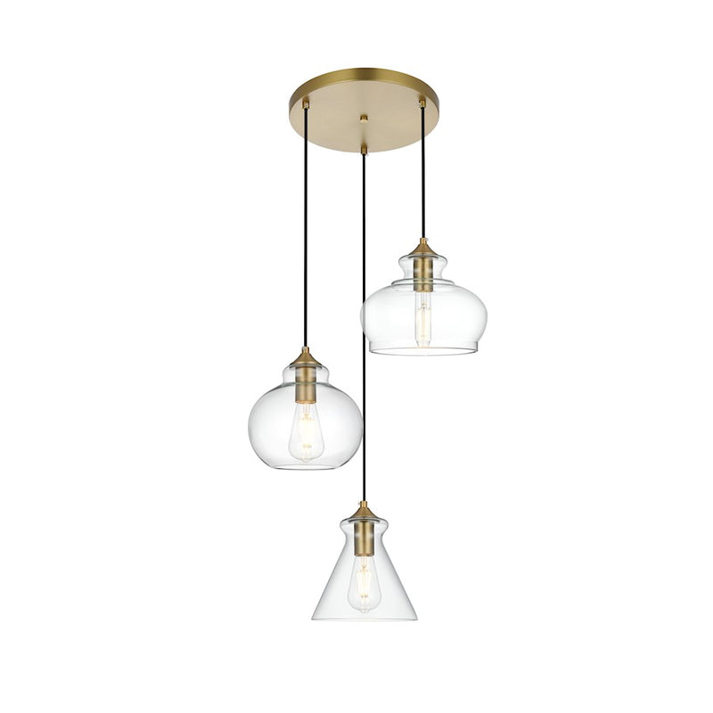 Living District Destry 3 Light 19" Pendant, Satin Gold/Clear/Clear