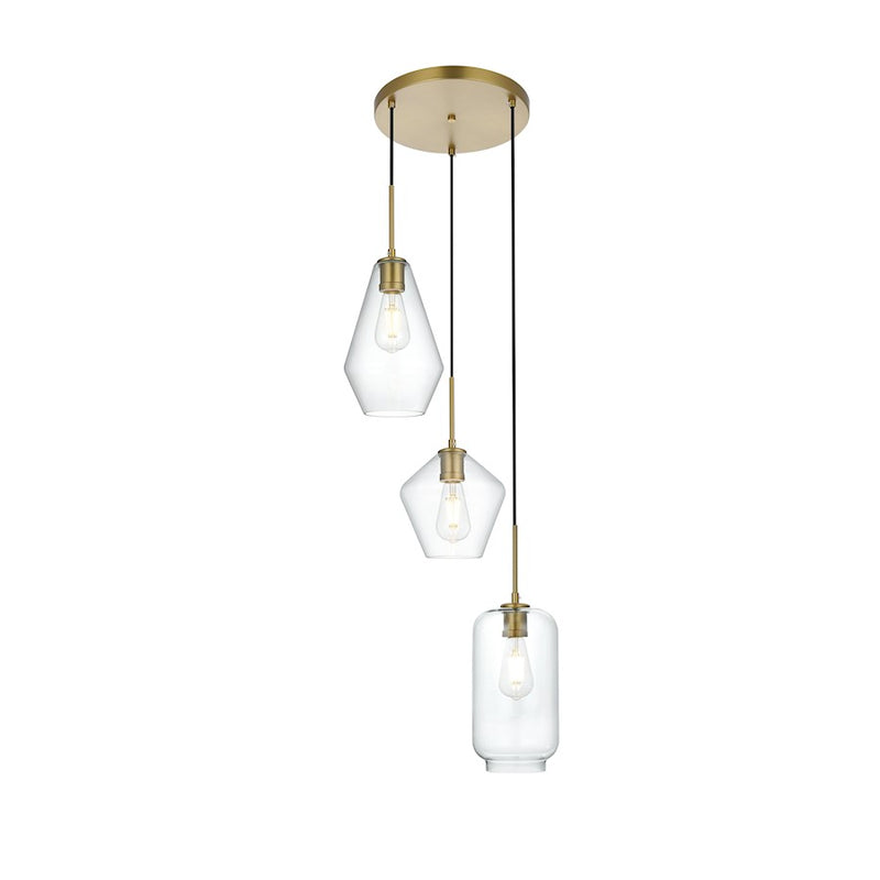 Living District Gene 3 Light 17.5" Pendant, Satin Gold/Clear