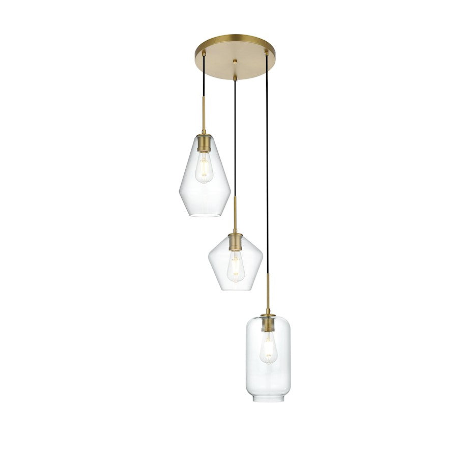 Living District Gene 3 Light 17.5" Pendant, Satin Gold/Clear