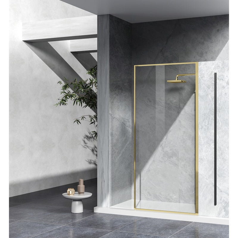 Elegant Melbourne Fixed Framed Shower Door 35X76, Brushed Gold