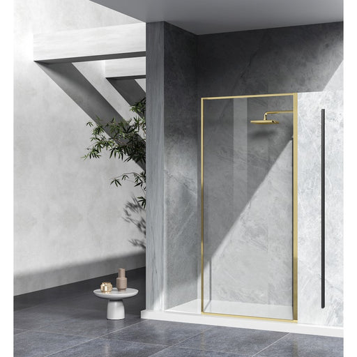 Elegant Melbourne Fixed Framed Shower Door 35X76, Brushed Gold