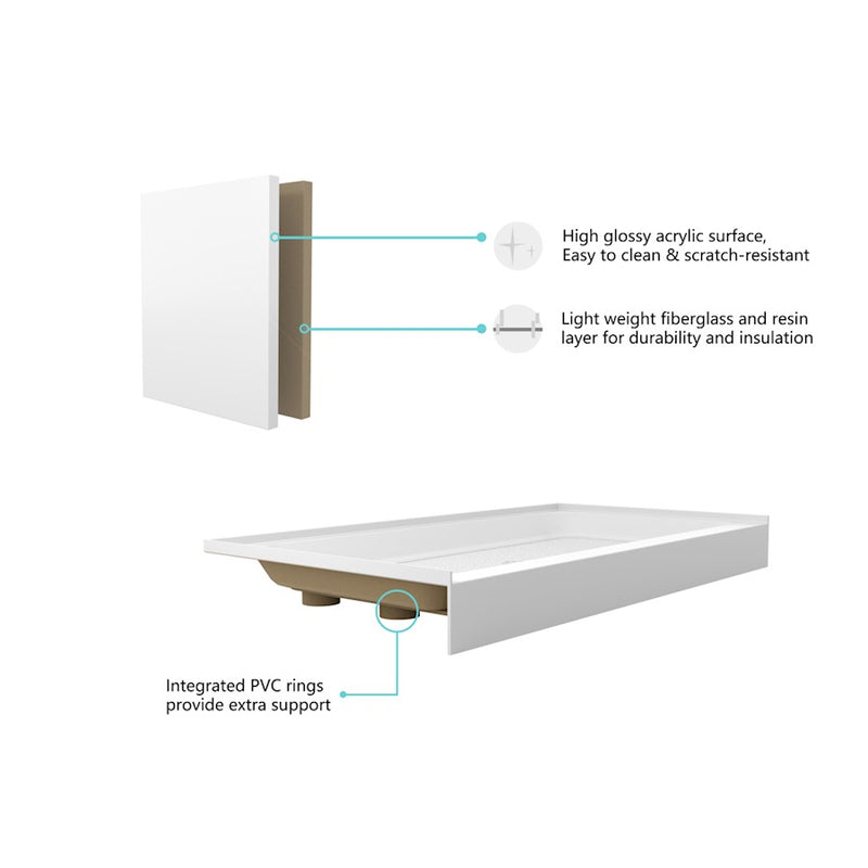 Elegant Laredo 60X30" Single Thresh Shower Tray Center Drain, WH