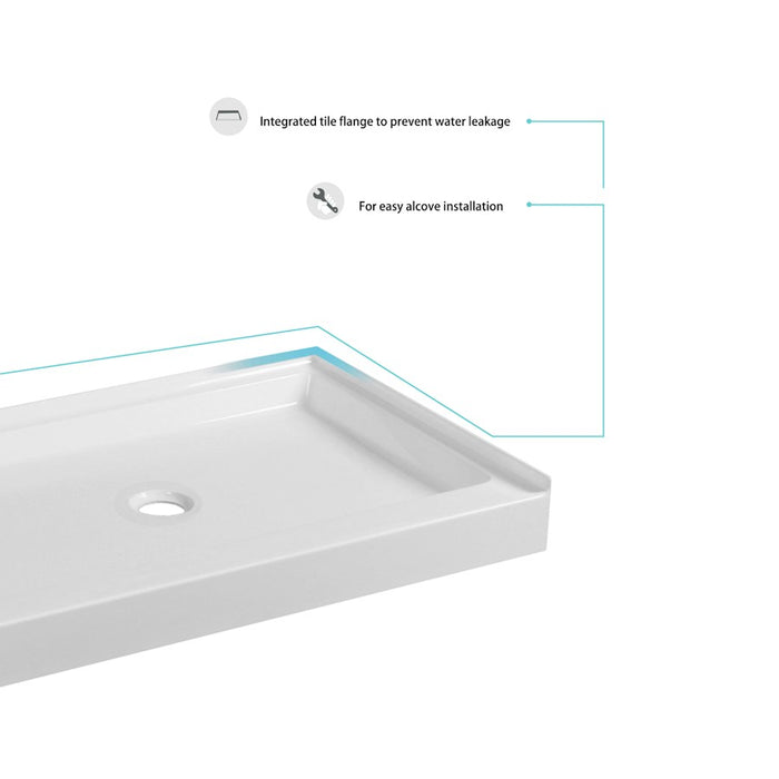Elegant Laredo 60X30" Single Thresh Shower Tray Center Drain, WH