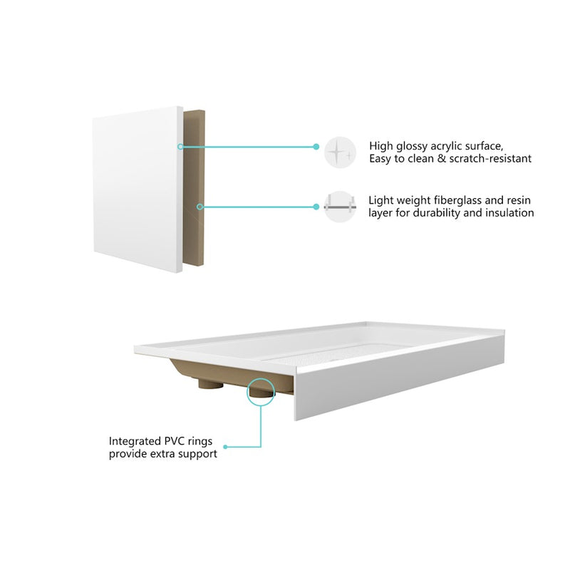 Elegant Laredo 60X32" Single Thresh Shower Tray Center Drain, WH