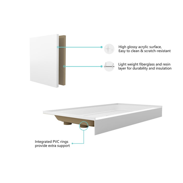 Elegant Laredo 60X32" Single Thresh Shower Tray Center Drain, WH