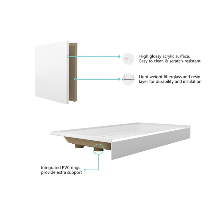 Elegant Laredo 60X36" Single Thresh Shower Tray Right Drain, WH