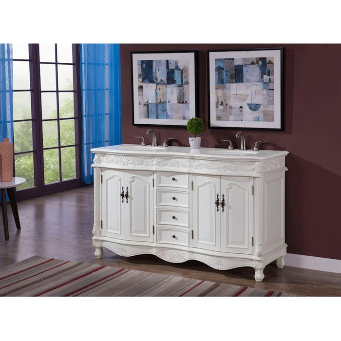Elegant Windsor 60" Double Vanity, Antique White/Ivory Marble