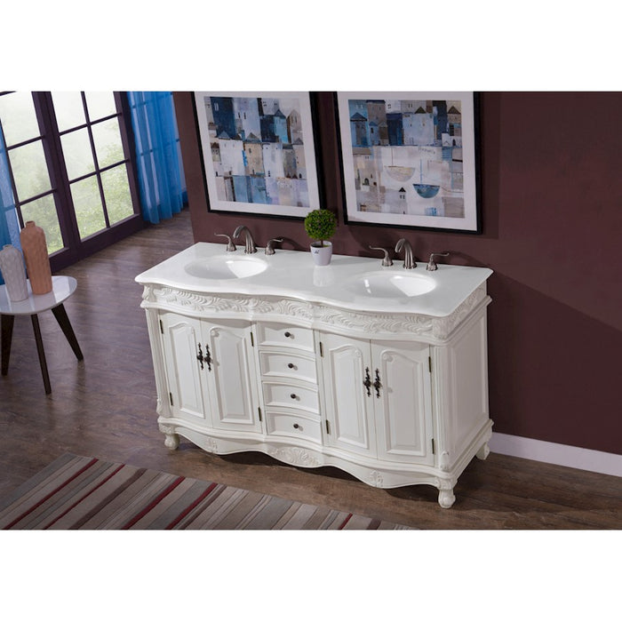 Elegant Windsor 60" Double Vanity, Antique White/Ivory Marble